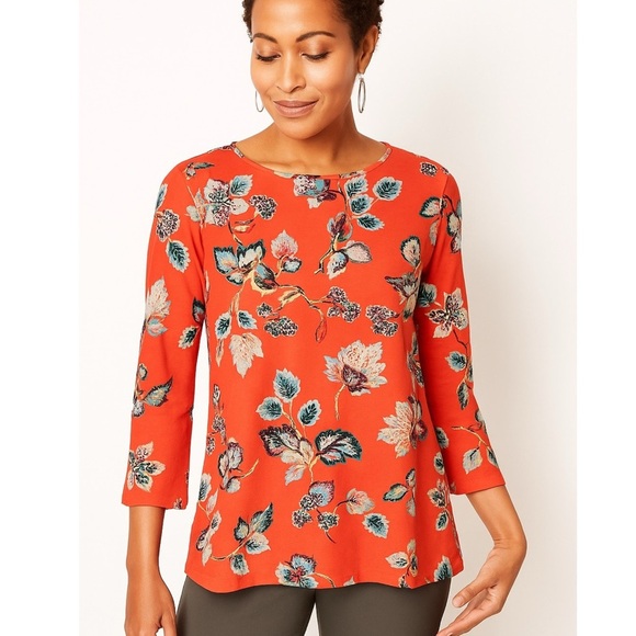 J. JILL Wearever Collection Coral Ditsy Floral Print Elbow Tee - Picture 2 of 10